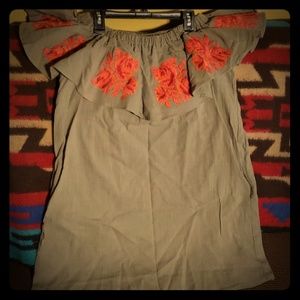 Olive green dress with red rose embroidery ❤